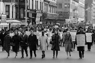 Civil rights advocates march in the Harlem section of New York to protest racial violence in Alabama on March 16th, 1965.