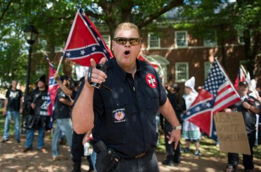 A member of the Ku Klux Klan shouts at counter-protesters during a rally in Charlottesville, Virginia, on July 8th, 2017.