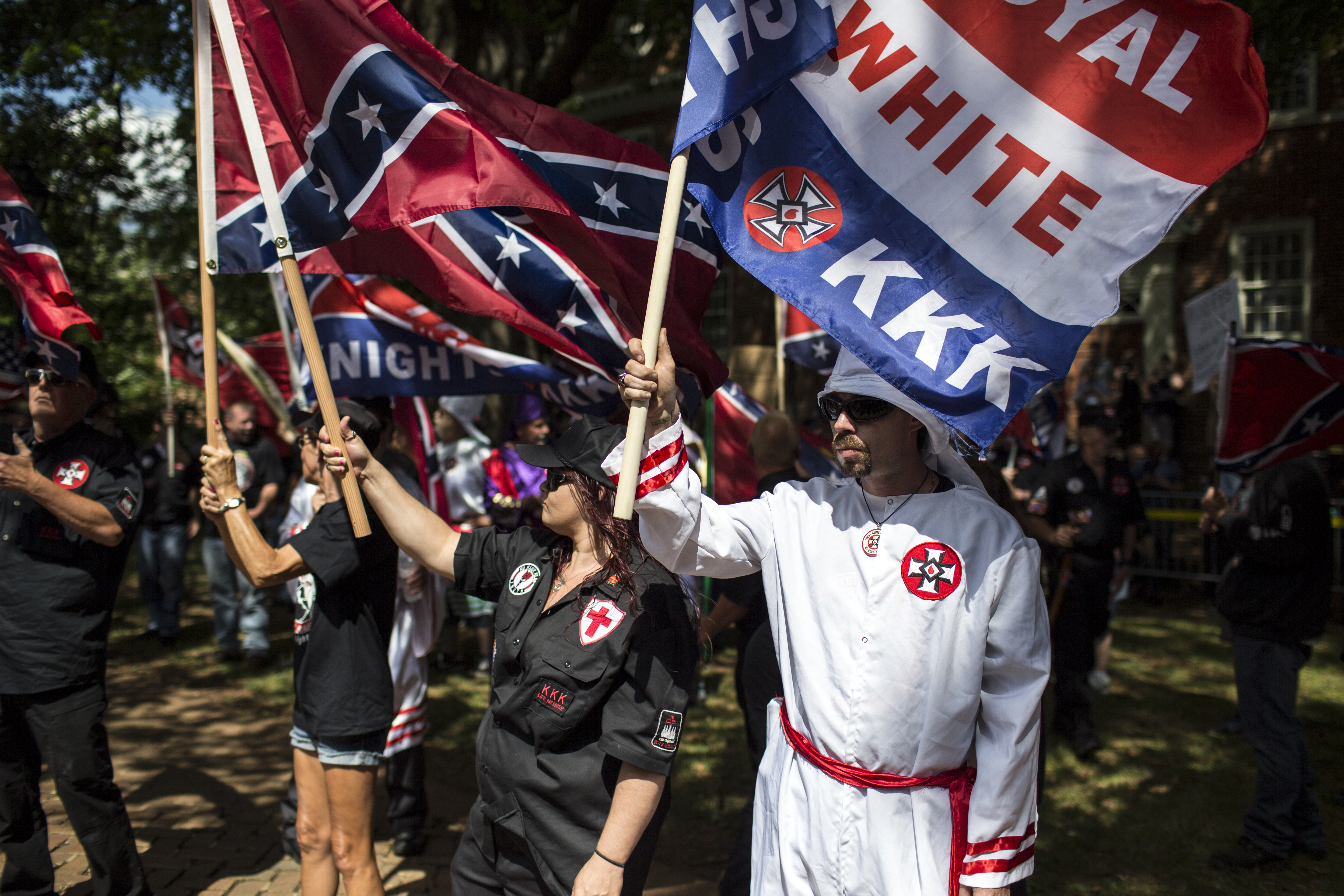 The Ku Klux Klan protests in Charlottesville, Virginia. The KKK is protesting the planned removal of a statue of General Robert E. Lee, and calling for the protection of Southern Confederate monuments.