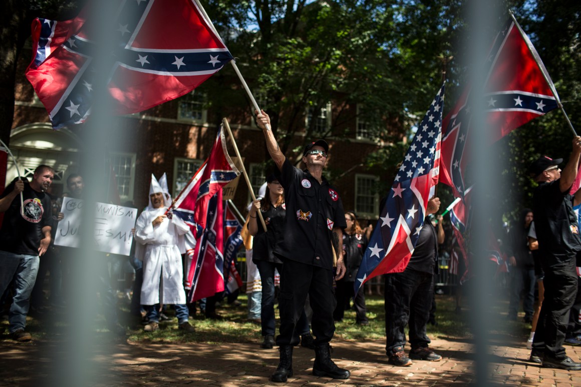 The Ku Klux Klan protests the planned removal of a statue of General Robert E. Lee on July 8th, 2017, in Charlottesville, Virginia.