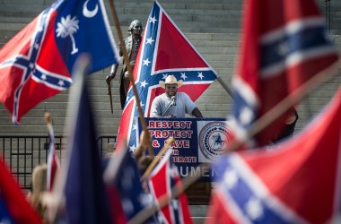 BC Johnson talks to demonstrators at the South Carolina Statehouse on July 10th, 2017, in Columbia, South Carolina. To mark the two-year anniversary of the removal of the Confederate flag from statehouse grounds, demonstrators gathered to fly a replica for several hours at its former location.