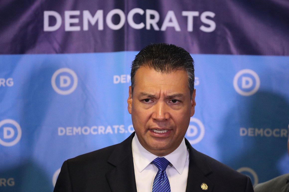 California Secretary of State Alex Padilla speaks during a press conference held at the Democratic National Headquarters on July 19th, 2017, in Washington, D.C.