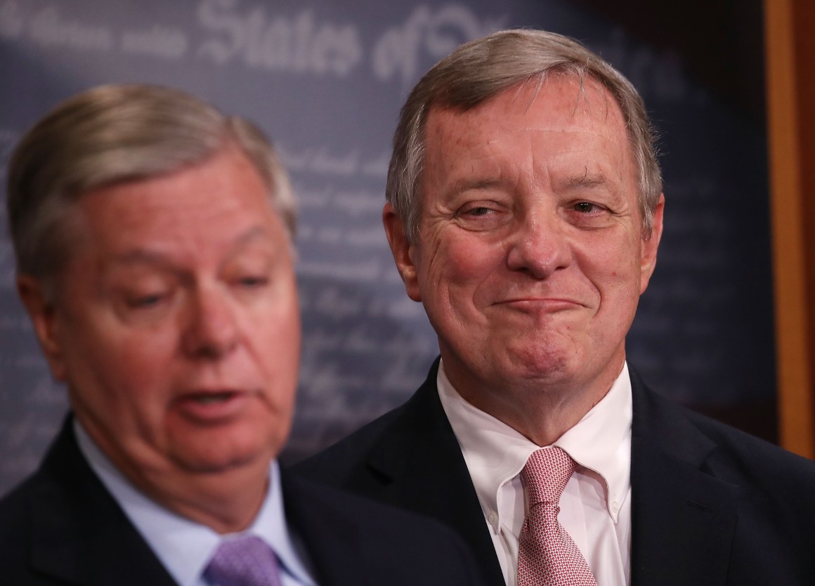 Senator Lindsey Graham and Senate Minority Whip Dick Durbin attend a press conference about the Dream Act on July 20th, 2017, in Washington, D.C.