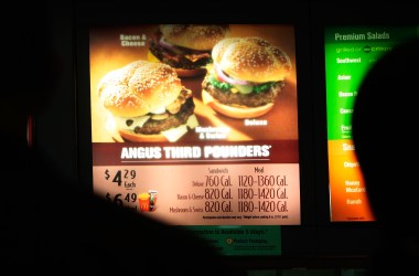 Calories are listed next to menu items in a McDonald's on July 18th, 2008, in New York City.