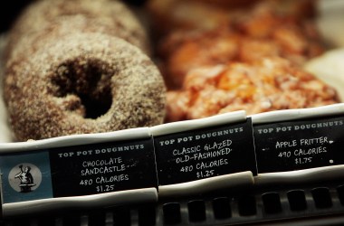 Calories are listed next to menu items in a Starbucks coffee shop in New York City.