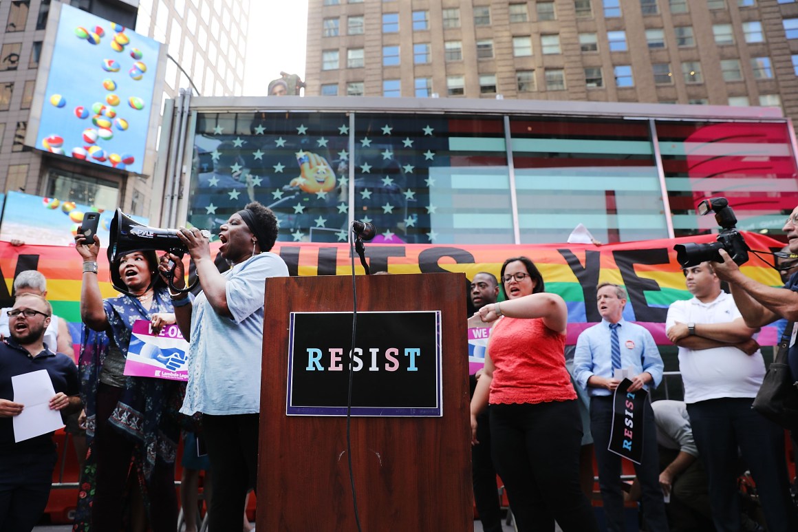 Transgender Army veteran Tanya Walker speaks to protesters in Times Square near a military recruitment center in New York City on July 26th, 2017.