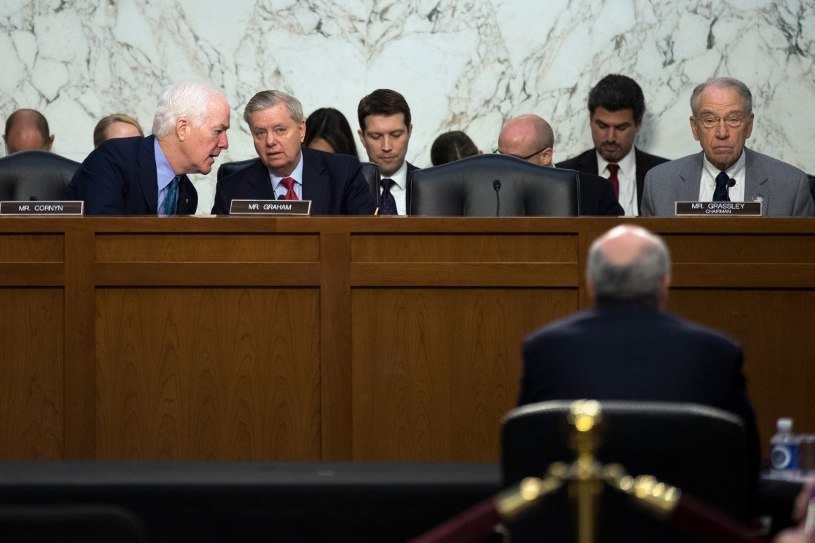 Senators John Cornyn (left), Lindsey Graham, and Chuck Grassley, pictured here in July of 2017.