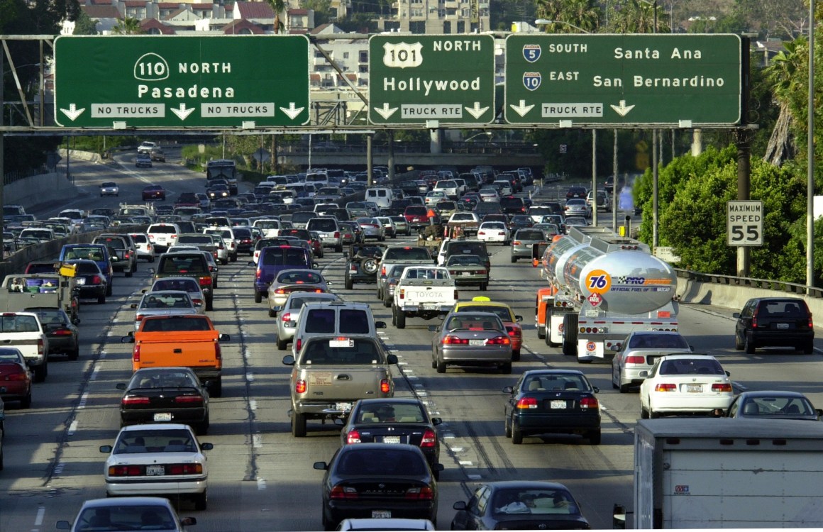 Traffic fills the 110 freeway during rush hour in downtown Los Angeles, California.