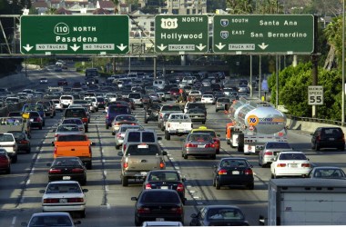 Traffic fills the 110 freeway during rush hour in downtown Los Angeles, California.