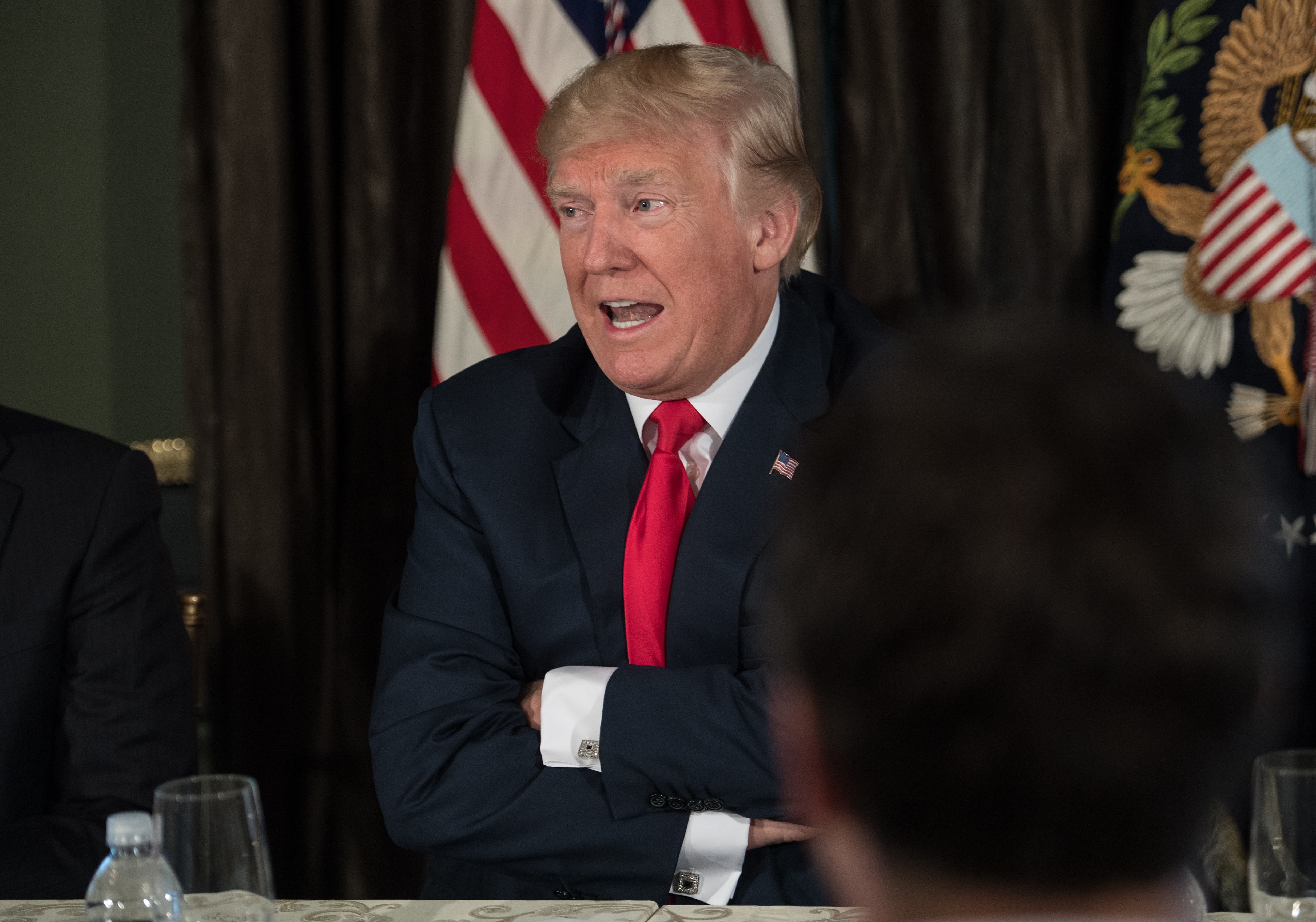 President Donald Trump speaks about North Korea at a meeting with administration officials in Bedminster, New Jersey, on August 8th, 2017.