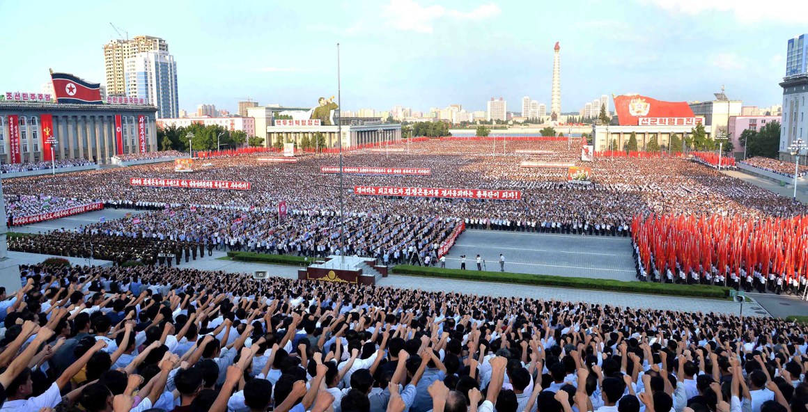 This picture taken on August 9th, 2017, shows a rally in support of North Korea's stance against the U.S., on Kim Il-Sung square in Pyongyang. North Korea.