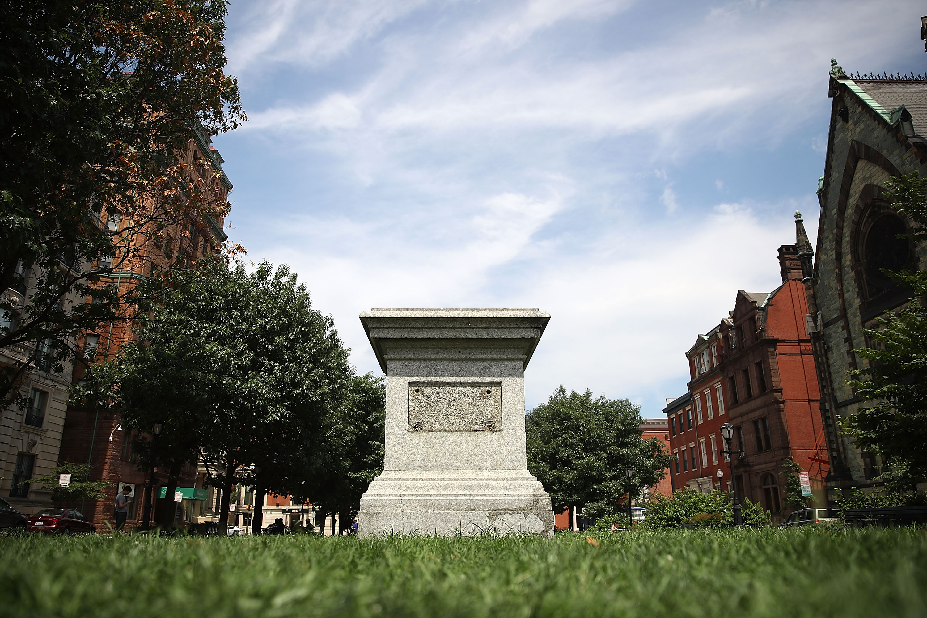 An empty pedestal remains where a statue of Roger B. Taney, former Chief Justice of the U.S. Supreme Court and majority author of the Dred Scott decision, once was before city workers removed the statue on August 16th, 2017, in Baltimore, Maryland.