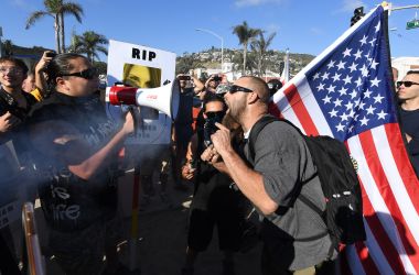 Counter-protesters (left) argue with anti-immigration protesters in Laguna Beach, California, on August 20th, 2017.