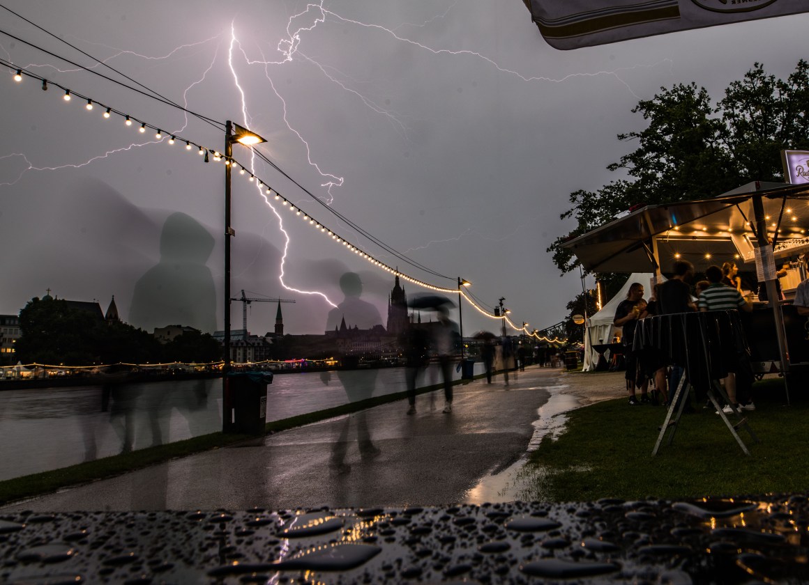 Lightning strikes in Frankfurt, Germany, on August 25th, 2017, during a summer rain storm.