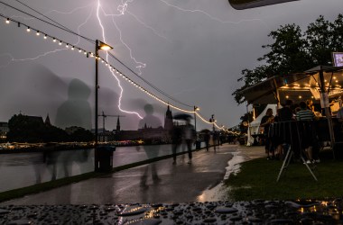 Lightning strikes in Frankfurt, Germany, on August 25th, 2017, during a summer rain storm.