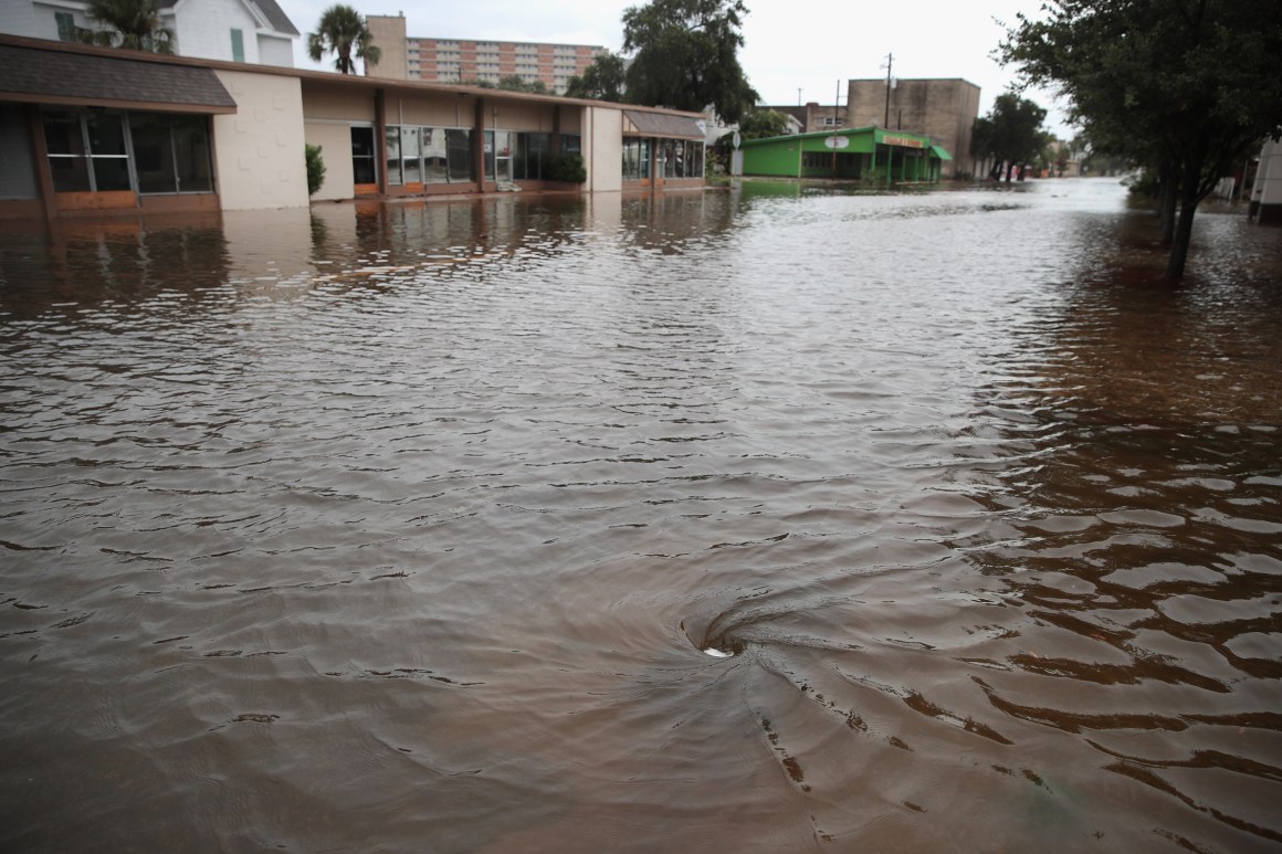 The streets of Galveston, Texas flooded by rain from Hurricane Harvey.