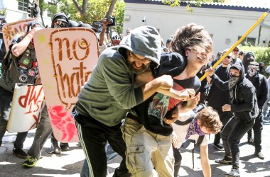 No-to-Marxism rally members and counter-protesters clash on August 27th, 2017, at Martin Luther King Jr. Civic Center Park in Berkeley, California.