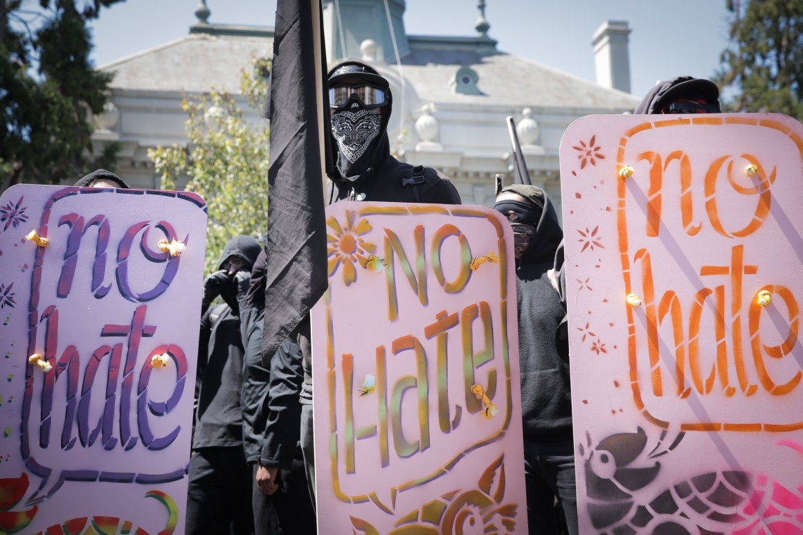 Hundreds of people dressed in black converge on Berkeley, California, on August 27th, 2017. The park became a center of left-wing protest when hundreds of people opposed to President Donald Trump and hundreds more aligned with antifa descended on it after a planned right-wing rally was canceled.