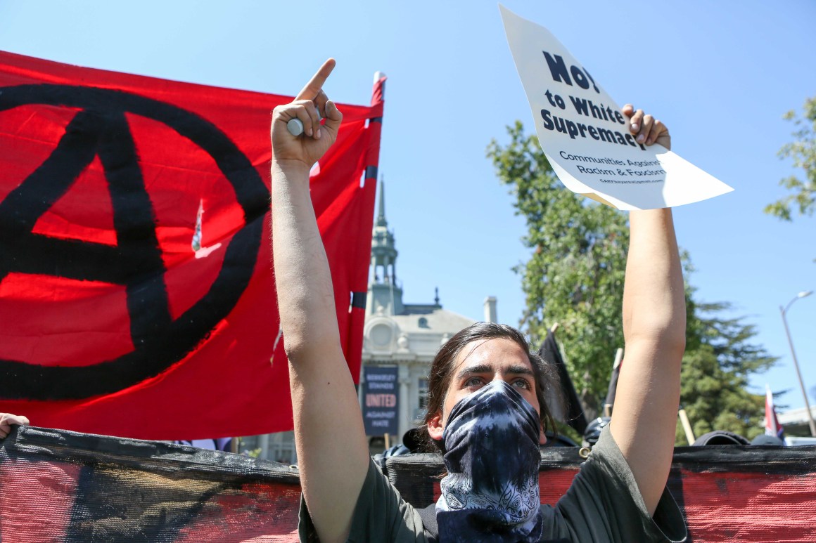 Antifa members and counter-protesters gather during a rightwing No-to-Marxism rally on August 27th, 2017, at Martin Luther King Jr. Park in Berkeley, California.