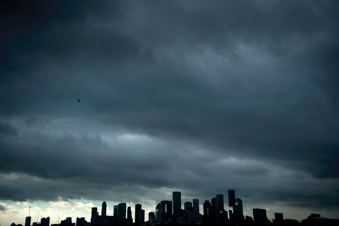 A view of the Houston skyline after heavy rains broke during the aftermath of Hurricane Harvey on August 29th, 2017.