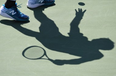 The shadow of France's Jeremy Chardy is seen against France's Gael Monfils during their Qualifying Men's Singles match at the 2017 U.S. Open Tennis Tournament on August 29th, 2017, in New York.