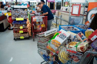 People shop at a Food Town grocery store during the aftermath of Hurricane Harvey on August 30th, 2017, in Houston, Texas.