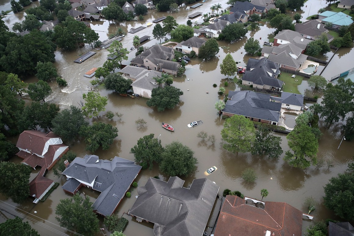 Flooded homes are shown near Lake Houston following Hurricane Harvey on August 30th, 2017, in Houston, Texas.