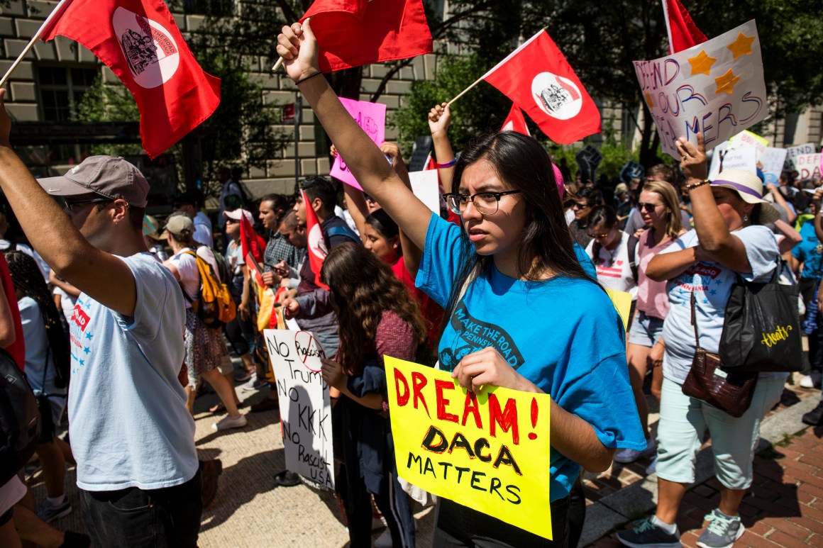 Demonstrators march in response to the Trump administration's announcement that it would end the Deferred Action for Childhood Arrivals program on September 5th, 2017, in Washington, D.C.