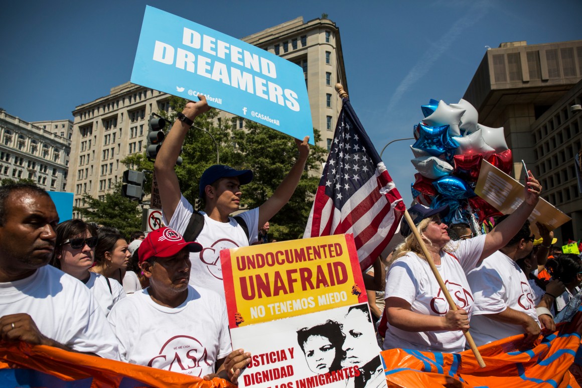 Demonstrators gather on Pennsylvania Avenue in response to the Trump administration's announcement that it would end the Deferred Action for Childhood Arrivals program on September 5th, 2017, in Washington, D.C.