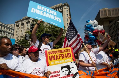 Demonstrators gather on Pennsylvania Avenue in response to the Trump administration's announcement that it would end the Deferred Action for Childhood Arrivals program on September 5th, 2017, in Washington, D.C.