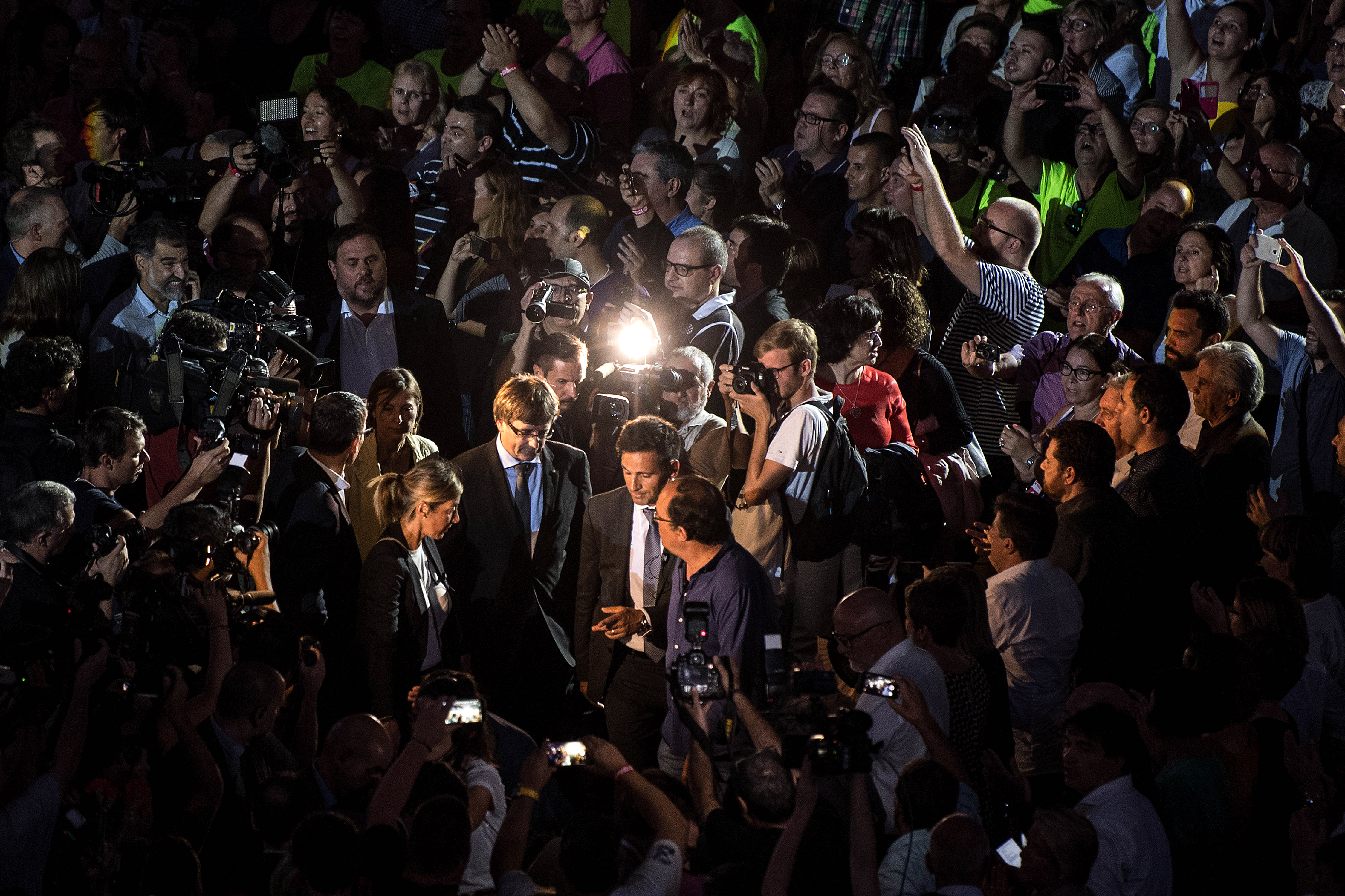 President of Catalonia Carles Puigdemont arrives at a meeting to launch the self-determination referendum campaign on September 14th, 2017, in Tarragona, Spain. The vote on breaking away from Spain was called by the Catalan government for October 1st, 2017, but is suspended by the Spain's Constitutional Court following a demand from the Spanish government.