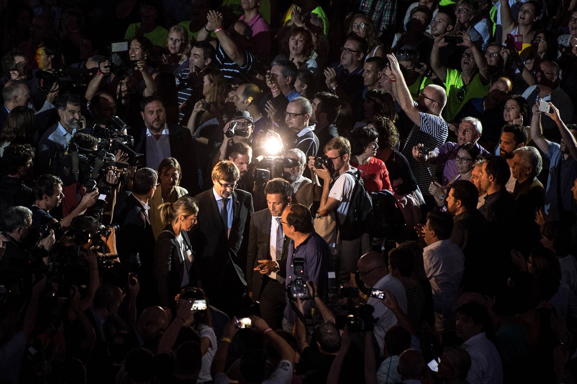 President of Catalonia Carles Puigdemont arrives at a meeting to launch the self-determination referendum campaign on September 14th, 2017, in Tarragona, Spain. The vote on breaking away from Spain was called by the Catalan government for October 1st, 2017, but is suspended by the Spain's Constitutional Court following a demand from the Spanish government.