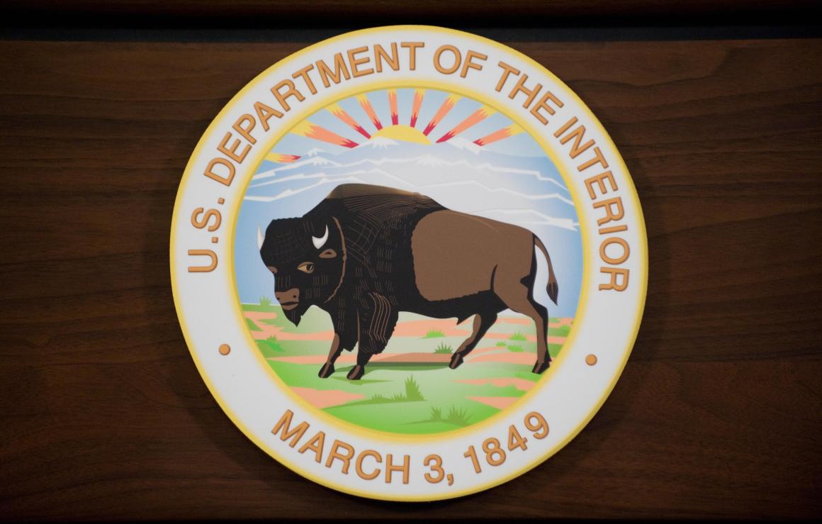 The seal of the U.S. Department of the Interior is seen on a podium in Washington, D.C.