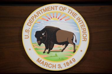 The seal of the U.S. Department of the Interior is seen on a podium in Washington, D.C.