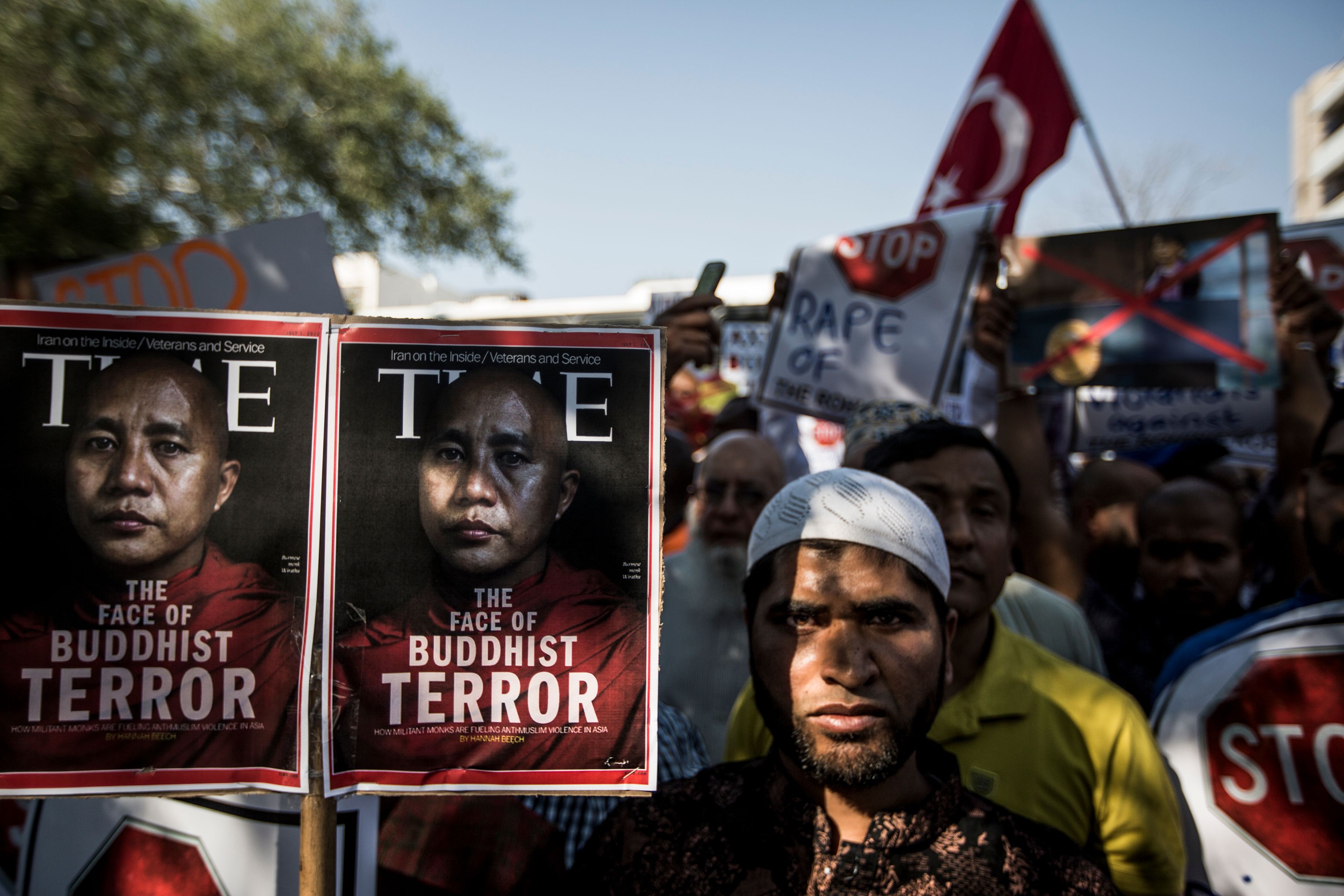 Protesters gather outside the Embassy of Myanmar in Pretoria on September 15th, 2017, during a demonstration against Naypyidaw's alleged 