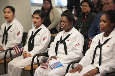 Sailors, serving in the U.S. Navy at Naval Station Great Lakes, are sworn in as U.S. Citizens during a ceremony on September 15th, 2017, in Chicago, Illinois.