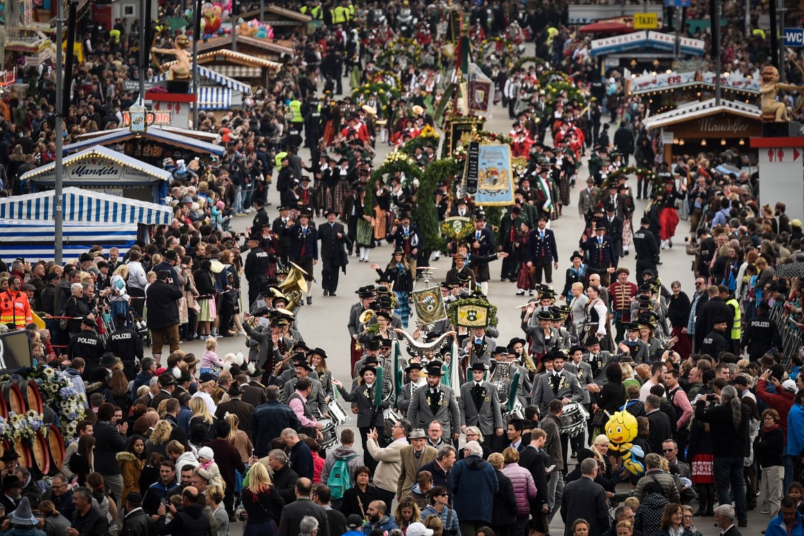 Bands in traditional uniforms march in a costume parade on the second day of the 2017 Oktoberfest beer fest on September 17th, 2017, in Munich, Germany.