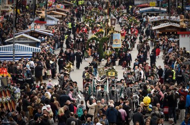 Bands in traditional uniforms march in a costume parade on the second day of the 2017 Oktoberfest beer fest on September 17th, 2017, in Munich, Germany.