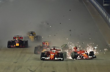 A crash occurs during the Formula One Singapore Grand Prix in Singapore on September 17th, 2017.