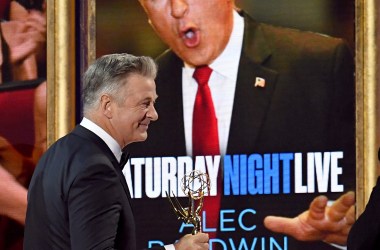 Actor Alec Baldwin accepts an award on September 17th, 2017, for Outstanding Supporting Actor in a Comedy Series for his portrayal of Donald Trump on Saturday Night Live, in Los Angeles, California.