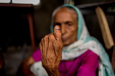 A Nepali woman shows her inked thumb after casting her ballot during the third phase of the Nepalese local elections at a polling station at Birgunj Parsa district, some 150 kilometers south of Kathmandu, on September 18th, 2017.