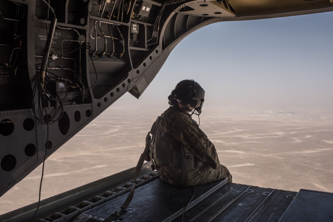 A U.S. Army helicopter flies outside of Camp Shorab on September 11th, 2017, in Helmand Province, Afghanistan.