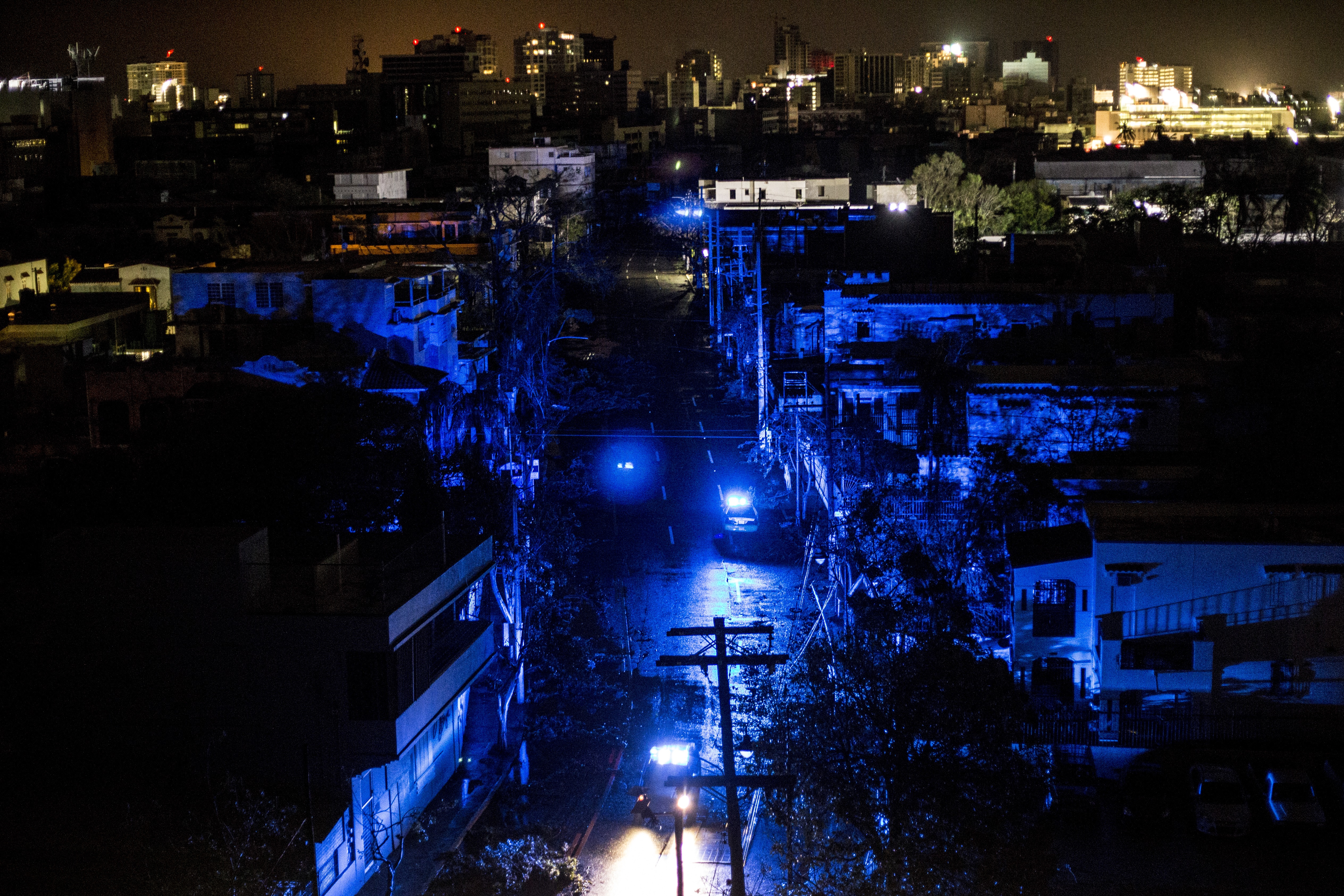 San Juan goes dark during a blackout after Hurricane Maria made landfall on September 20th, 2017.