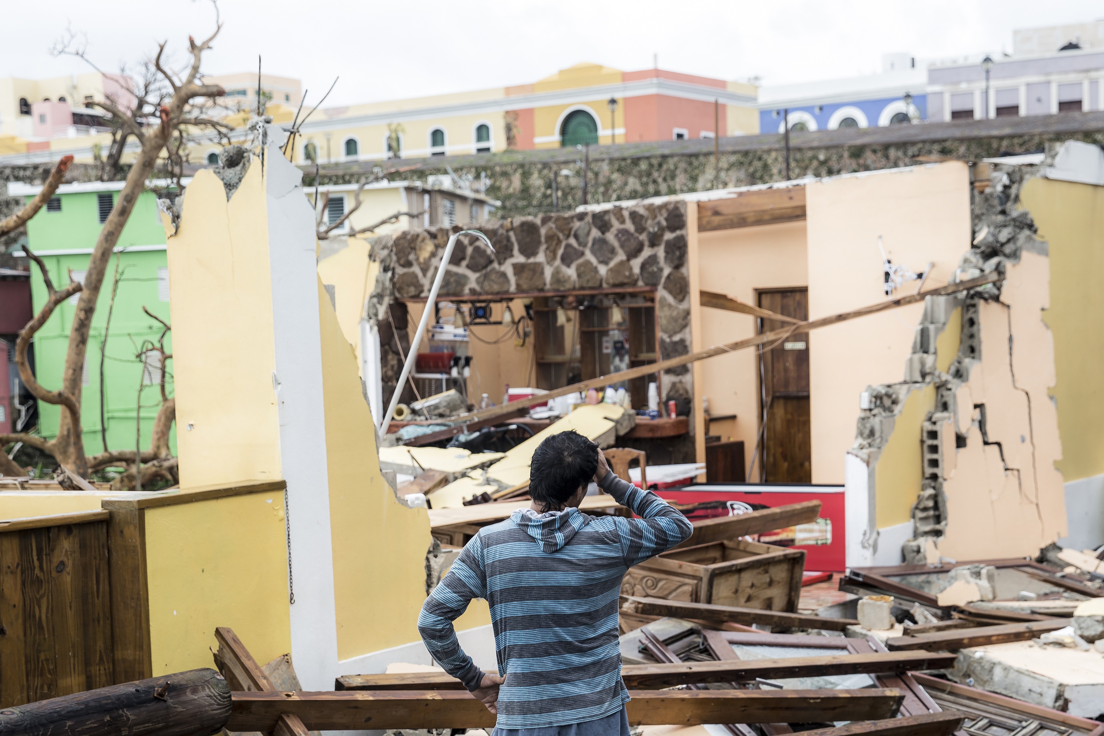 Damaged homes in the La Perla neighborhood the day after Hurricane Maria made landfall on September 21st, 2017, in San Juan, Puerto Rico.