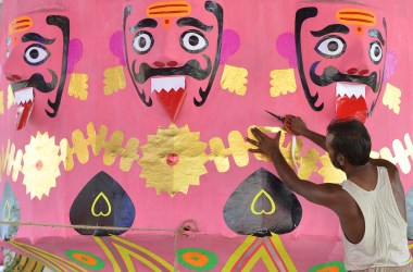 An Indian craftsman makes effigies of the Hindu demon king Ravana at a workshop in Amritsar on September 22nd, 2017. Held at the end of the Navratri Festival, Dussehra symbolizes the victory of good over evil in Hindu mythology.