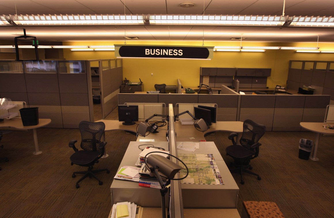 A section of the Rocky Mountain News newsroom sits empty on February 27th, 2009, in Denver, Colorado.