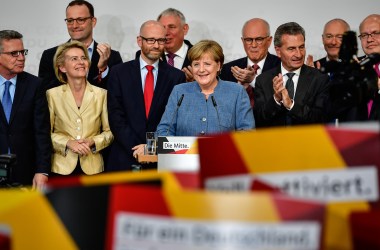 German Chancellor and Christian Democrat (CDU) Angela Merkel (C) reacts to initial results that gave the party 32.9 percent of the vote, giving it a first place finish, in German federal elections on September 24th, 2017, in Berlin, Germany.