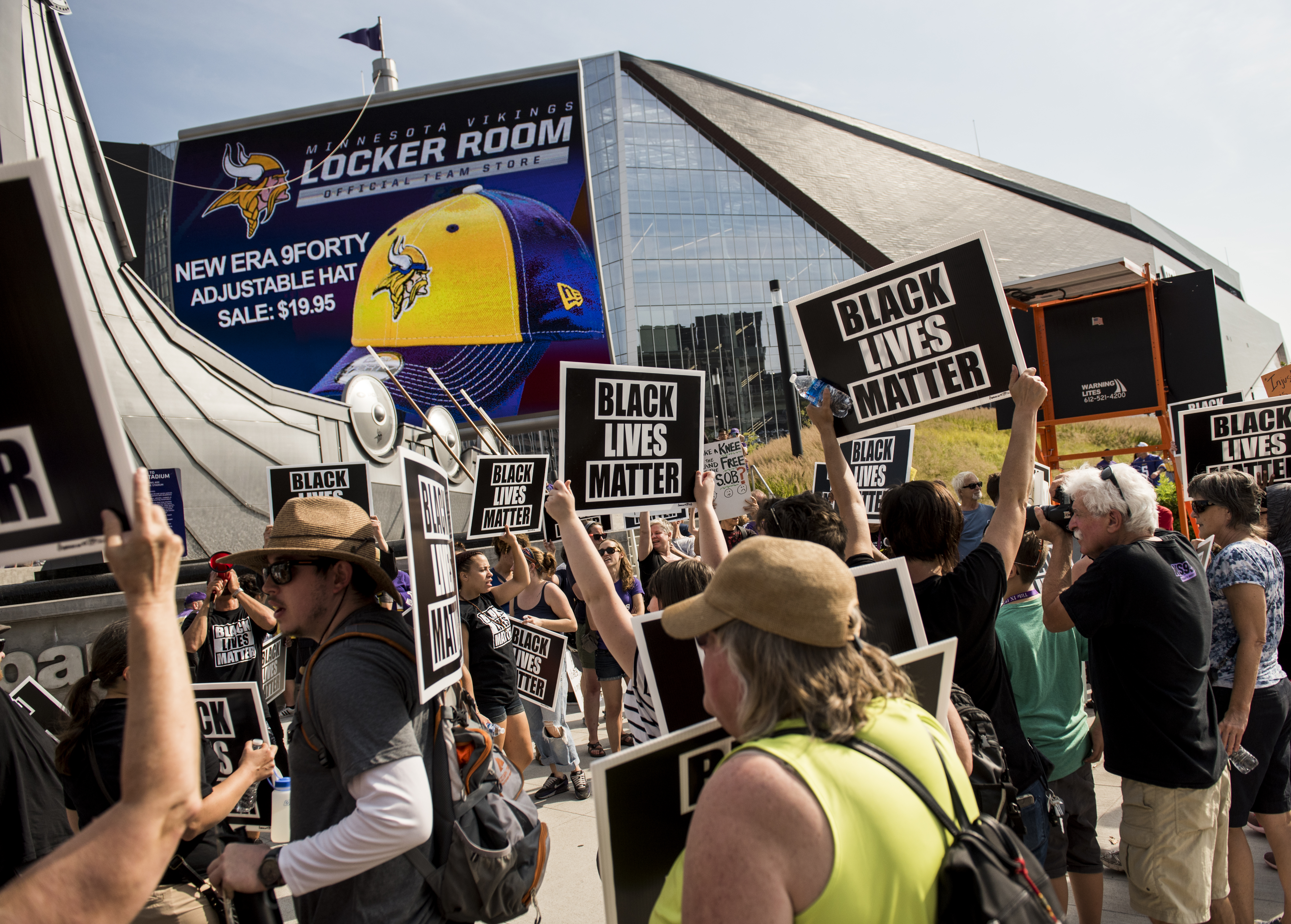 Black Lives Matter protesters rally outside the Minnesota Vikings game on September 24th, 2017, at U.S. Bank Stadium in Minneapolis, Minnesota.