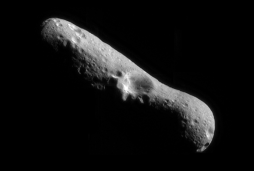 A mosaic image of asteroid Eros.