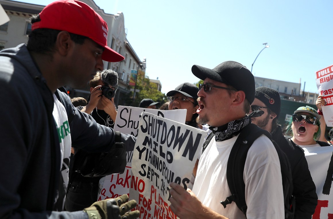 Protesters shout at each other during a free speech rally with Milo Yiannopoulos at the University of California–Berkeley on September 24th, 2017, in Berkeley, California.